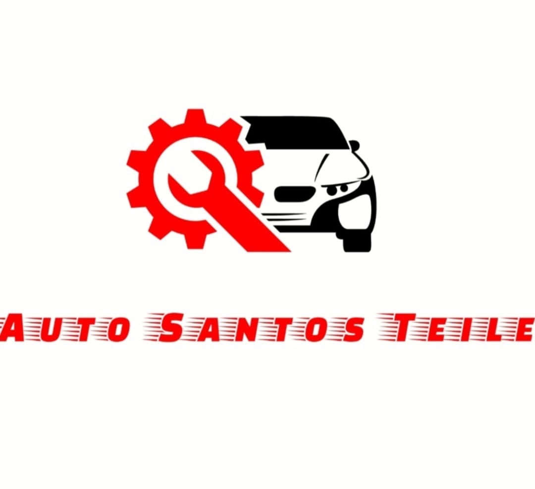 Auto Santos Teile – Logo mit rotem Zahnrad, Schraubenschlüssel und Auto
